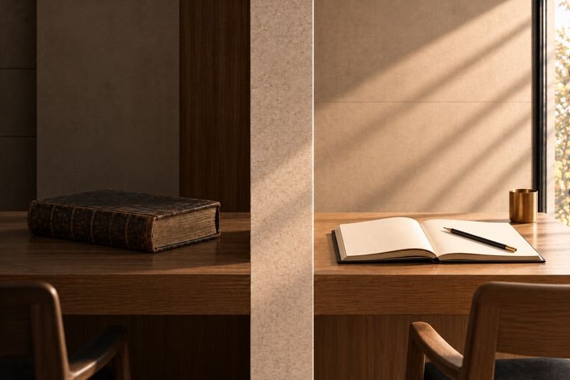 An old leather-bound ledger, closed on an oak desk, beside a fresh open notebook with a pencil.