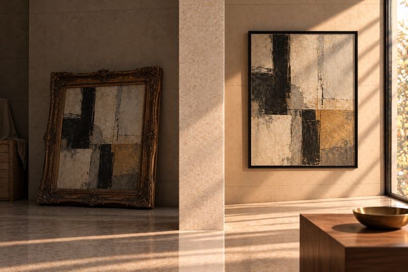 The same abstract painting twice: in an old ornate frame leaning against the wall, and in a minimal black frame hanging in place.