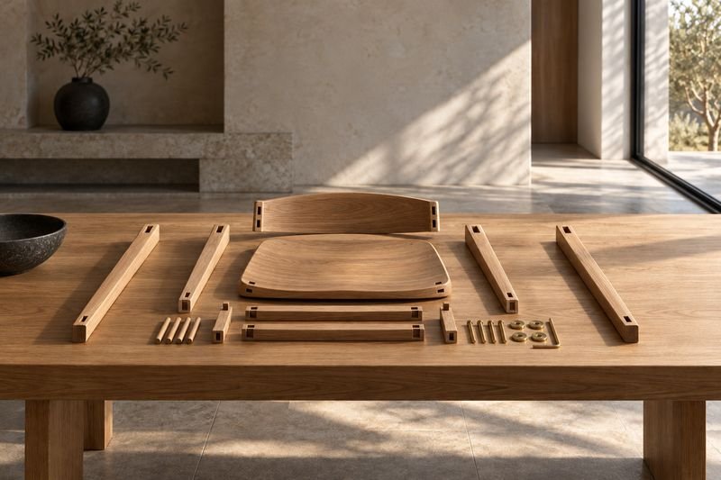 Every component of a fine oak chair laid out in order on a long table, none of them assembled.