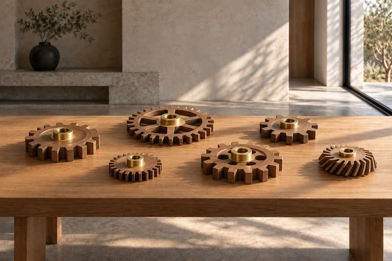 Six finely made oak and brass gears on a table, each one different and set apart, none meshing with another.