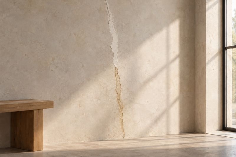 A pale stone wall with one crack repaired twice along the same line: an old weathered patch below, a fresh one above.