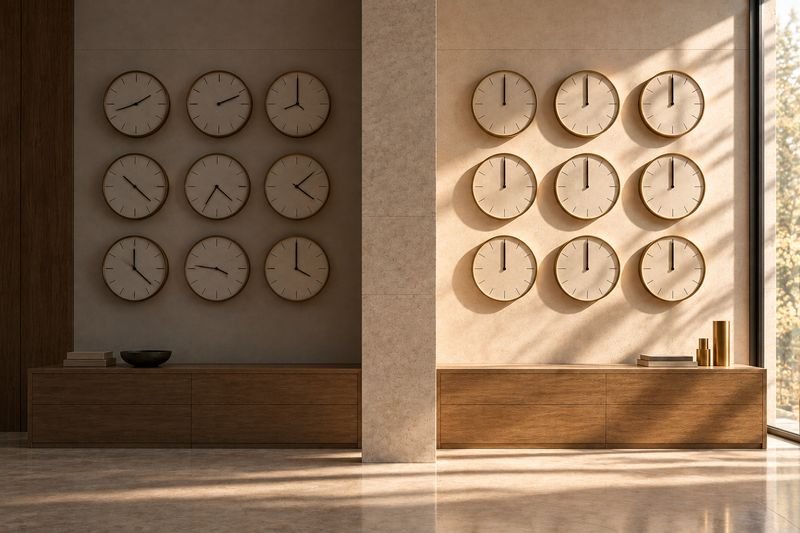 Nine wall clocks showing different times on one side; on the other, nine clocks all showing the same time.
