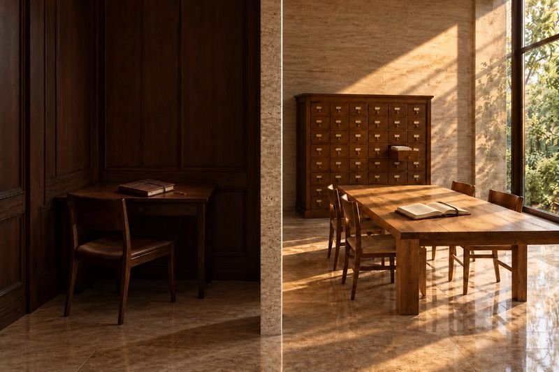 A worn leather notebook closed on a private desk on one side; on the other, the same notebook open on a long shared table beside an open card catalogue.