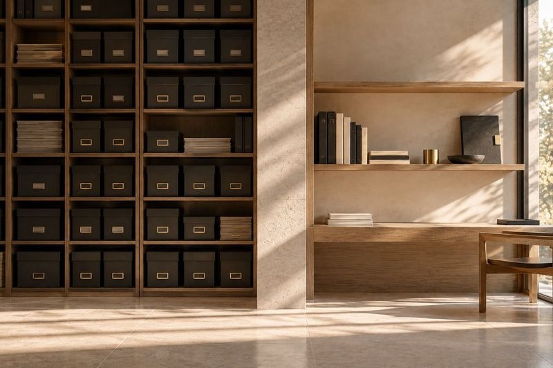 Floor-to-ceiling shelves of identical archive boxes on one side; on the other, a few chosen books beside a working desk.