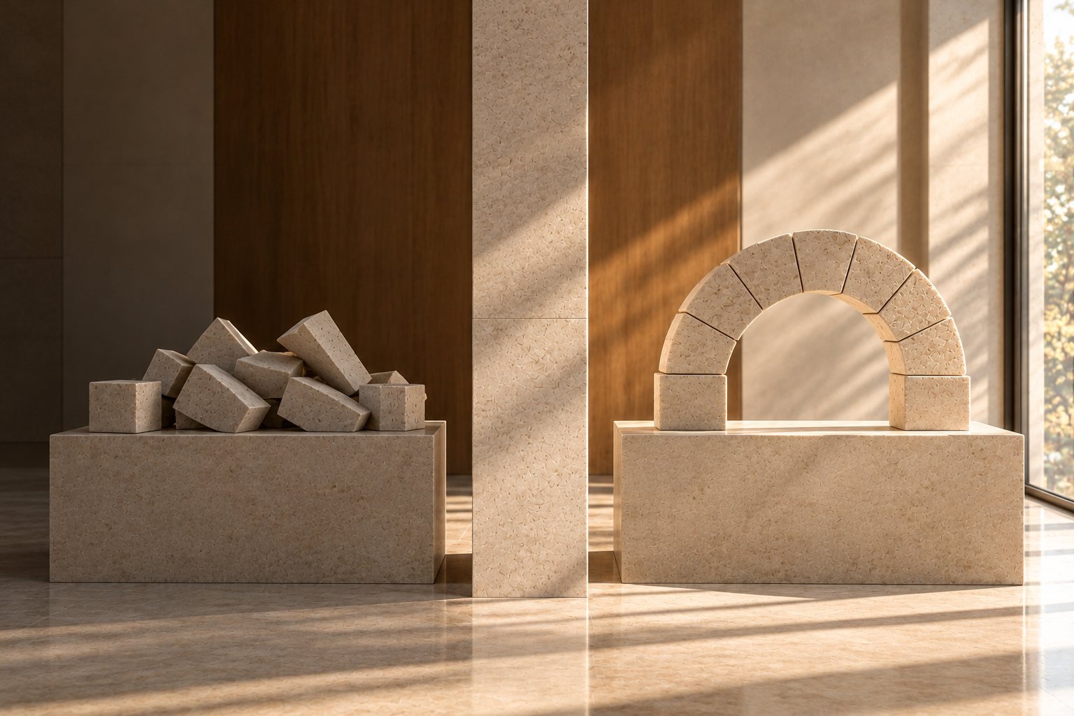 A loose pile of stones on one side; on the other, the same stones assembled into a self-supporting arch.