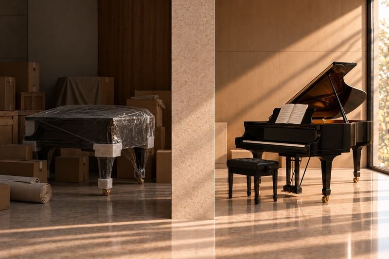 A new grand piano still wrapped among boxes on one side; on the other, the same piano open and ready to be played.