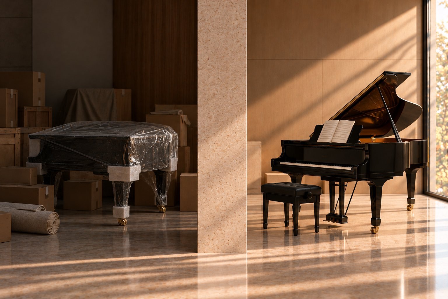 A new grand piano still wrapped among boxes on one side; on the other, the same piano open and ready to be played.