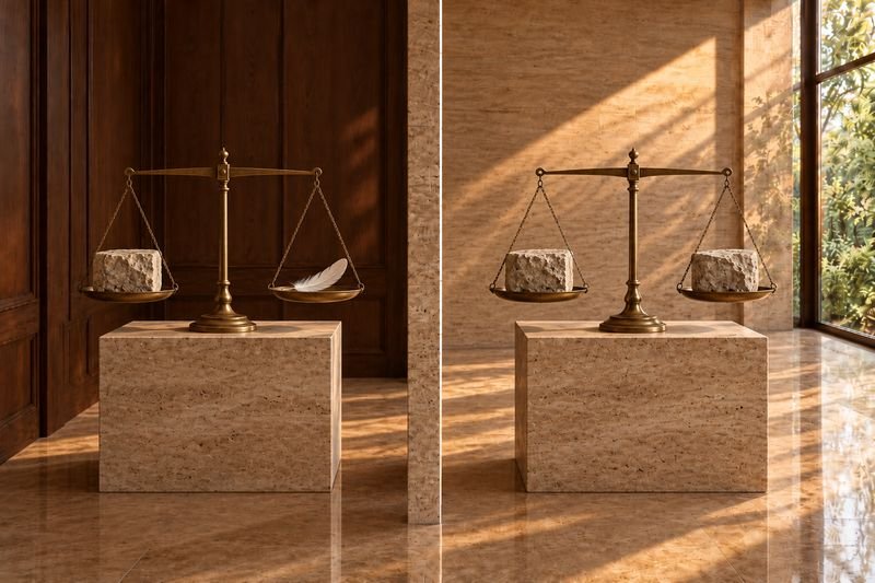 An antique balance scale resting level with a stone block on one pan and a feather on the other, beside an identical scale resting level with two equal stones.