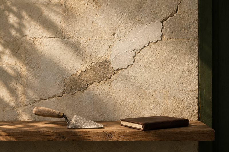 A limestone wall with one crack repaired twice along the same line, an older patch and a newer one, with a trowel and a closed notebook on the shelf below.
