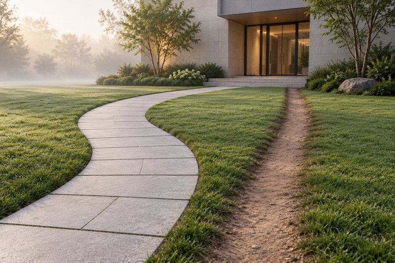 A designed stone path curving across a lawn towards a building entrance, and beside it a straight footpath worn into the grass by the people who actually use it.